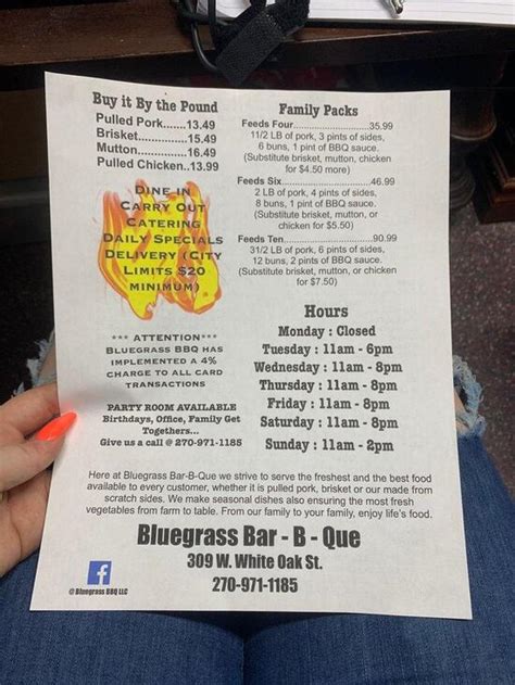 Bluegrass bar b que llc leitchfield menu - View the Menu of Bluegrass BBQ LLC in 309 W White Oak St, Leitchfield, KY. Share it with friends or find your next meal. Barbecue Restaurant 